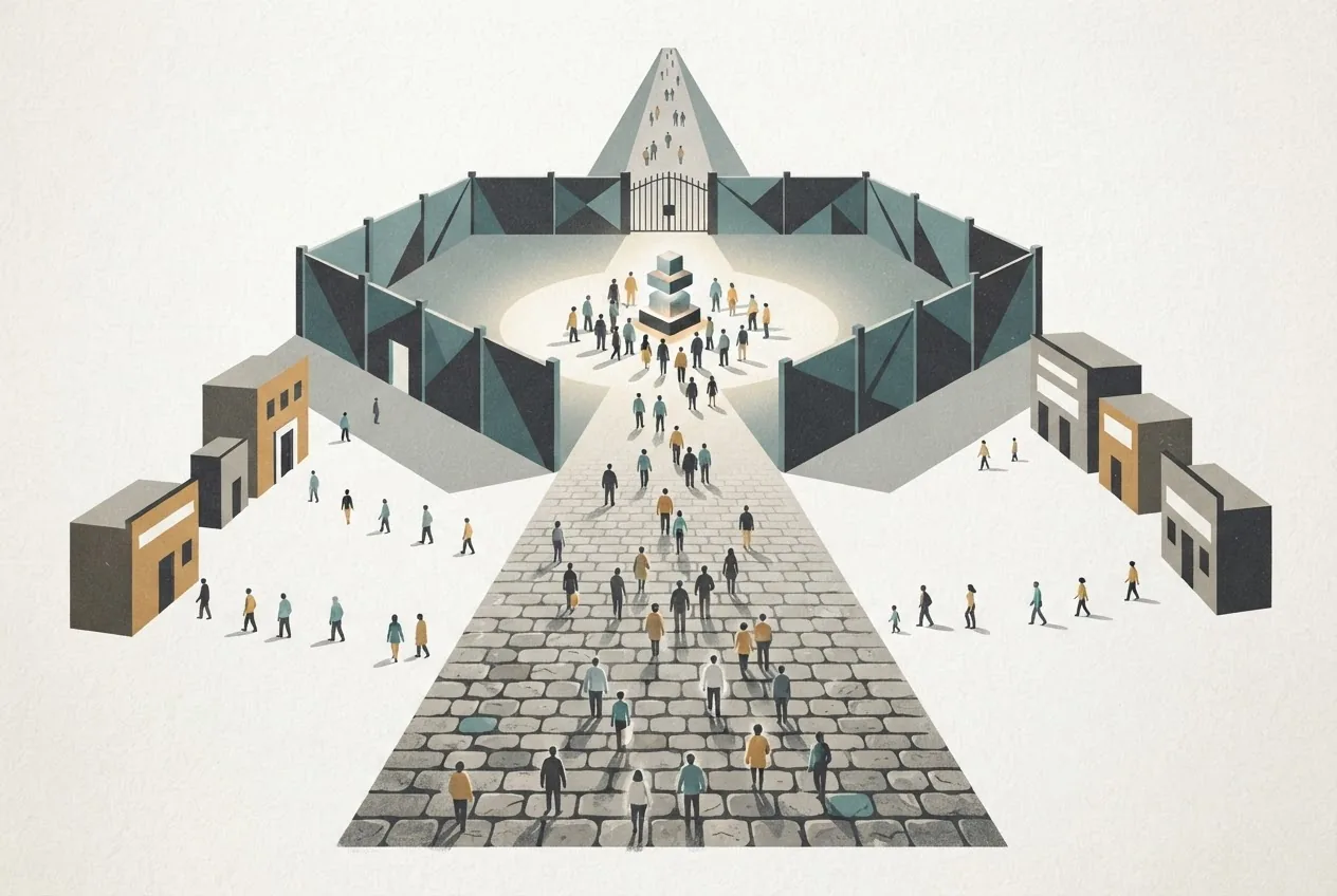 A public path of visitors narrows through an enclosure where answers are gathered, while independent website entrances outside receive little of the remaining movement.