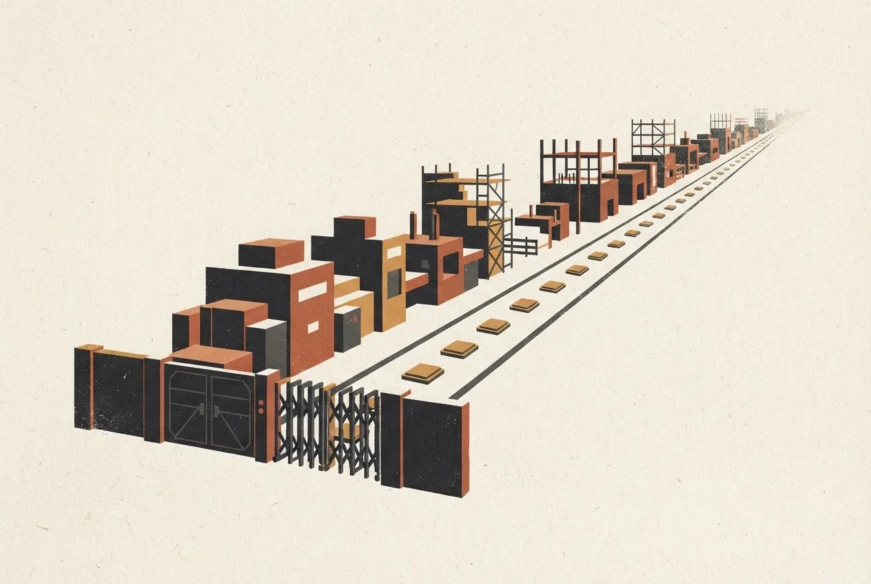 An industrial production line narrows toward an unfinished section, conveying China's progress toward AI-chip independence alongside restrictions and limited manufacturing capacity.
