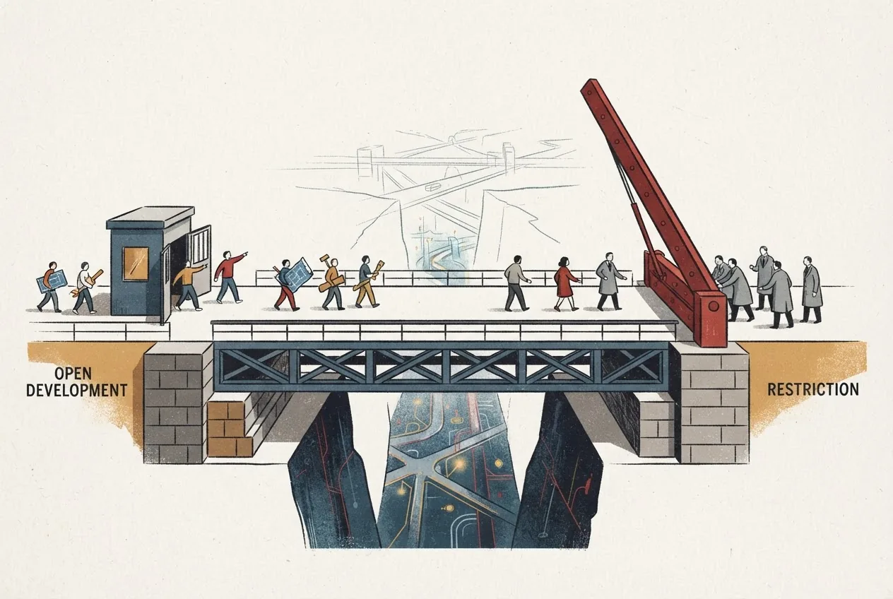 A bridge over a narrow divide is kept open for builders on one side while a movable barrier is raised on the other, representing the dispute over open AI development and restrictions on Chinese models.