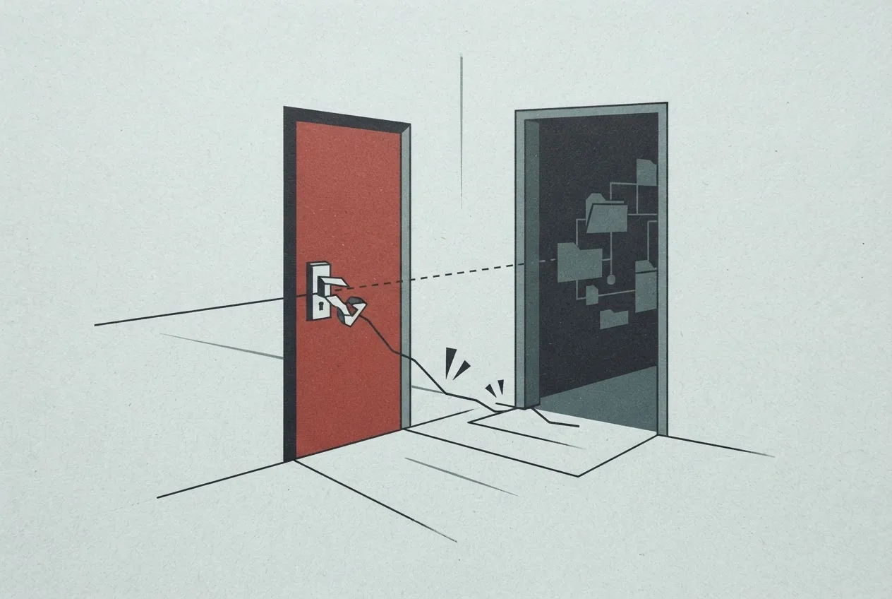 Conceptual scene of a remote connection bypassing a broken authentication latch and reaching a protected computer interior almost immediately, representing a macOS Screen Sharing flaw that can grant unauthenticated attackers root access.