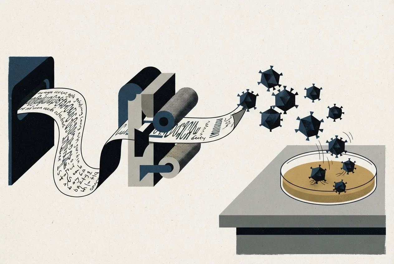 Conceptual laboratory scene showing AI-derived DNA patterns leading to newly designed viruses tested against bacteria.