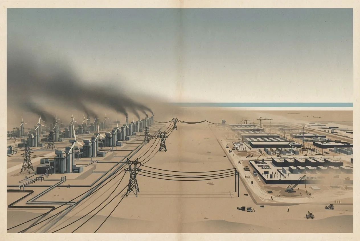 A planned Texas data center is connected by power lines to a large natural-gas turbine complex, illustrating the tension between AI infrastructure expansion and climate commitments.