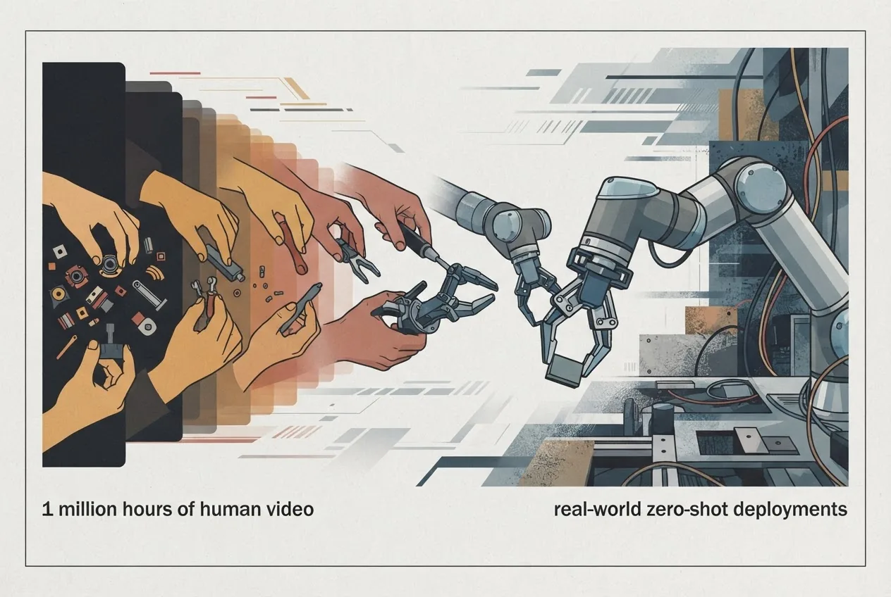 Human hand movements transition into a mechanical gripper performing the same unfamiliar dexterous task, illustrating how large-scale video training enables zero-shot robot control.