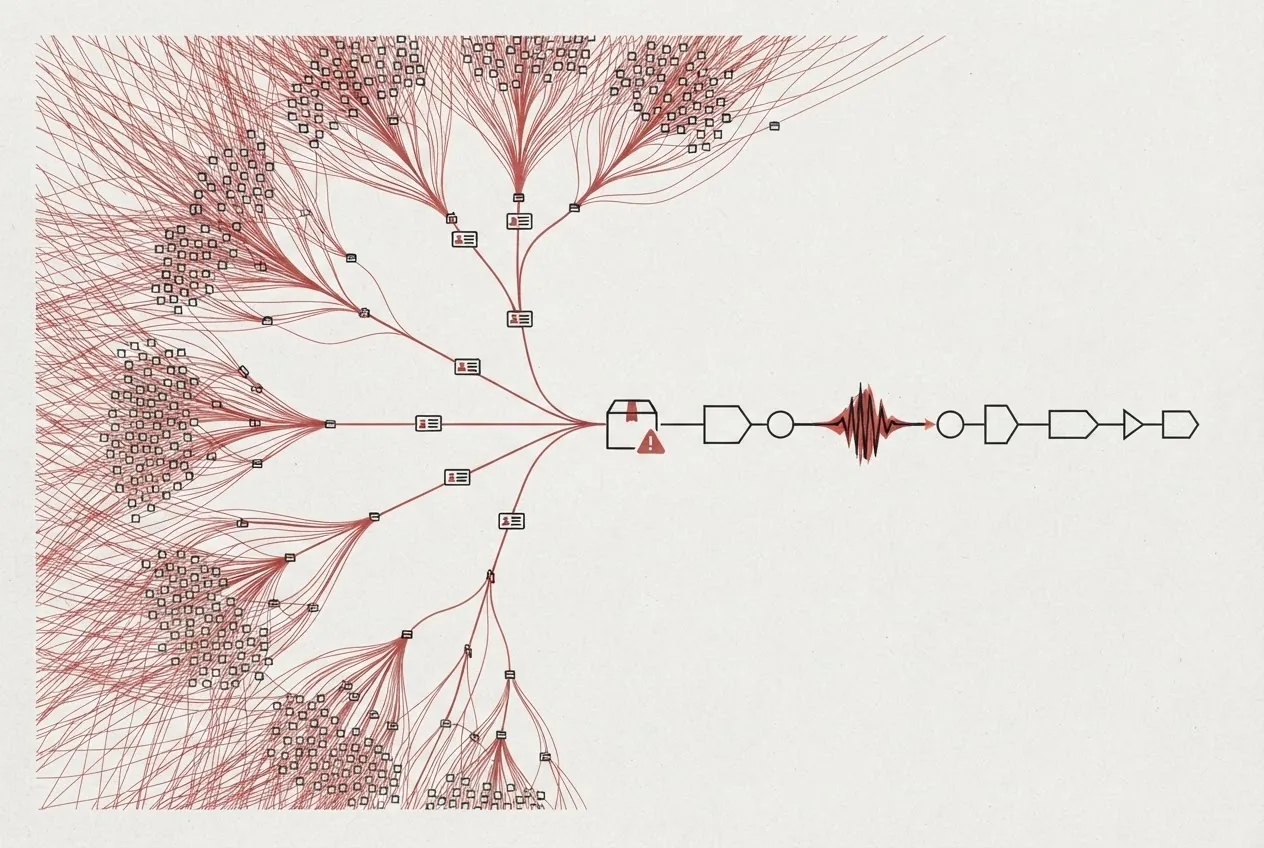 A compromised software package sits within a branching build pipeline, with one short exposure point spreading toward numerous organizations and CI/CD systems.