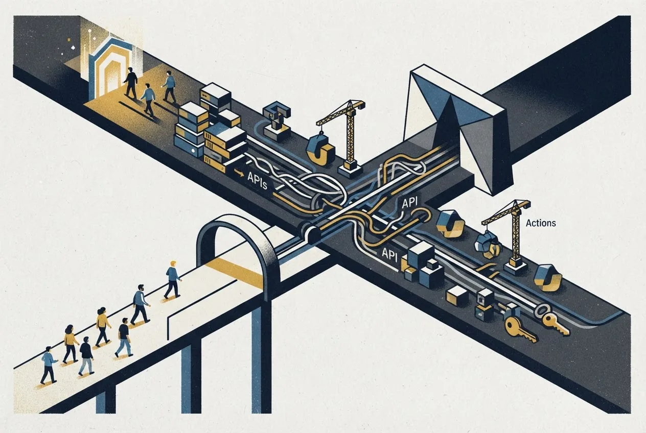A disrupted software delivery route is bypassed by an alternative path that remains connected to the original repository system.