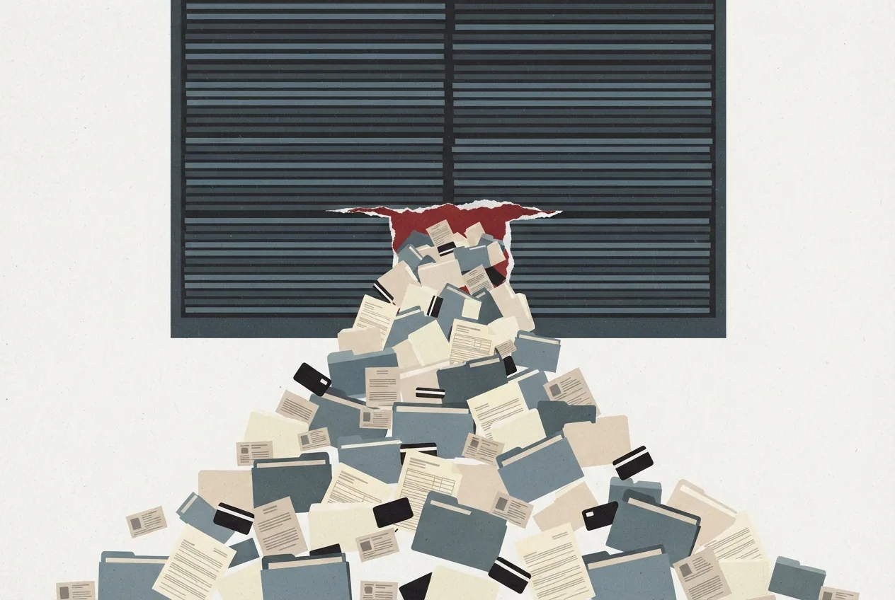 A small breach in a sealed archive releases an expanding accumulation of medical, identity, insurance, and payment records, conveying how the CareCloud incident grew to affect millions of people.