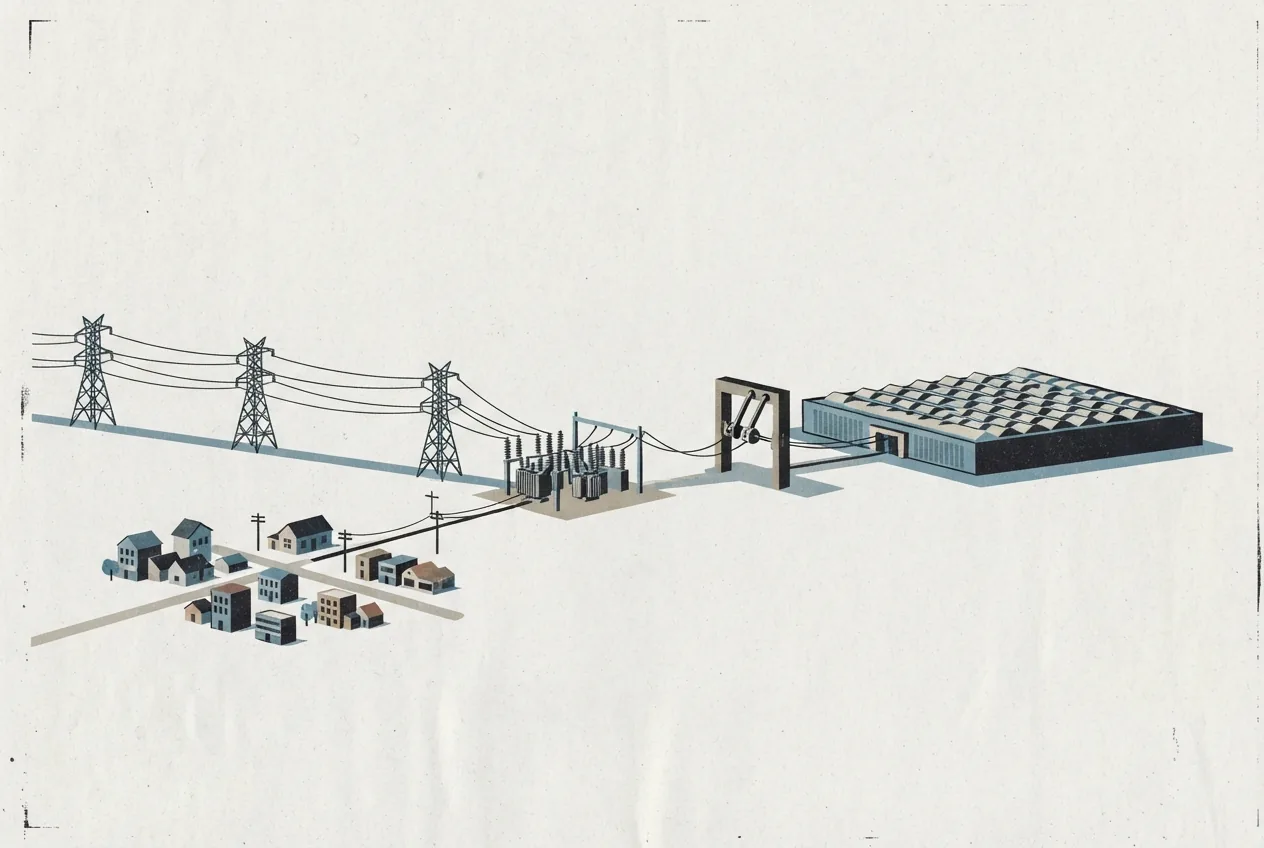 An industrial data center stands at the end of a narrowing transmission corridor, connected to the grid through an interruptible switch while other buildings remain connected, illustrating how AI power demand could be curtailed when electricity supply is strained.