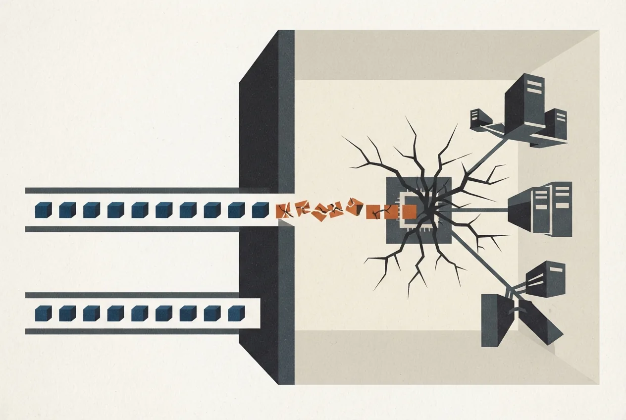 A crafted token sequence crosses an inference engine boundary into a privileged AI host, illustrating how model inputs could exploit loading software and reach connected datacenter systems.