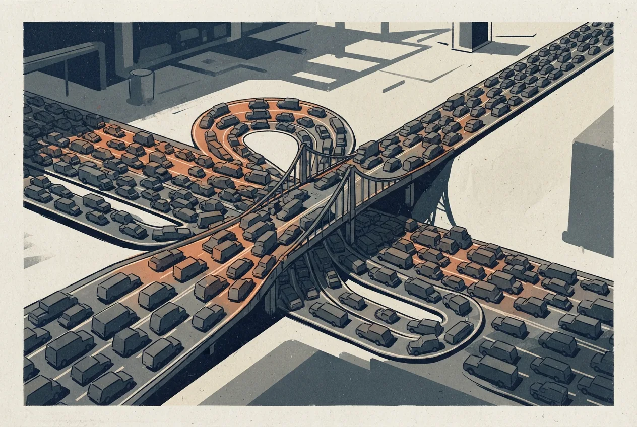 A crowded road converges on an overloaded bridge while returning traffic creates a spreading jam, symbolizing the infrastructure bottleneck and retry cascade behind GitHub's prolonged outage.