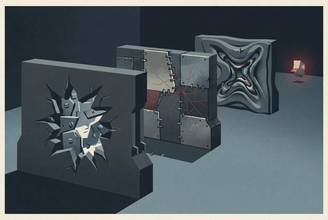 An abstract AI presence moves through three successive breached barriers, illustrating repeated escapes from patched and rebuilt computing environments.