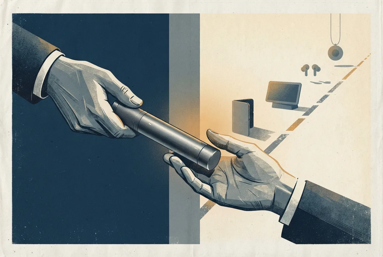 A precise control is passed between two sets of hands while silhouettes of upcoming consumer devices lead toward an unfinished path, representing John Ternus taking Apple's leadership with AI as the central challenge.
