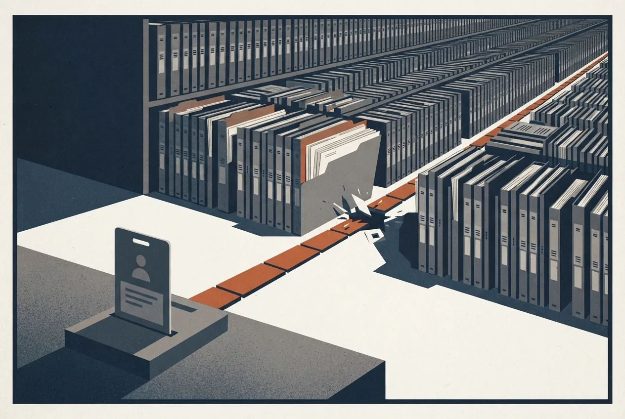 An employee access badge and compromised application entry lead into a vast receding archive of sensitive patient and employee records, illustrating how stolen credentials enabled the McKesson data breach.