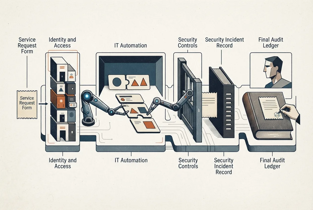 An AI-managed service request passes through identity, workflow, and security checkpoints before reaching a documented approval stage.