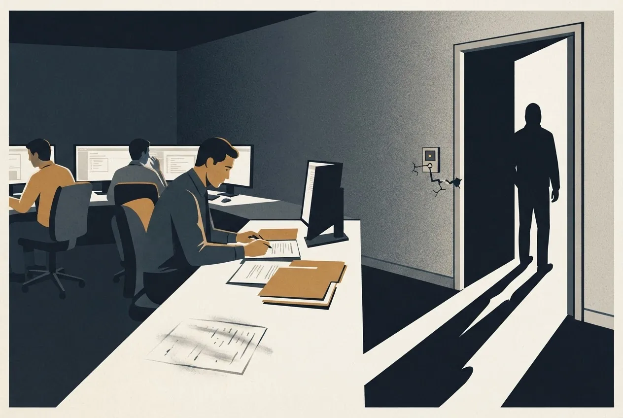 An open service doorway at the edge of an operations room lets an intruder's shadow cross inside while staff examine incomplete incident records, symbolizing an actively exploited vulnerability in internet-exposed N-central servers.