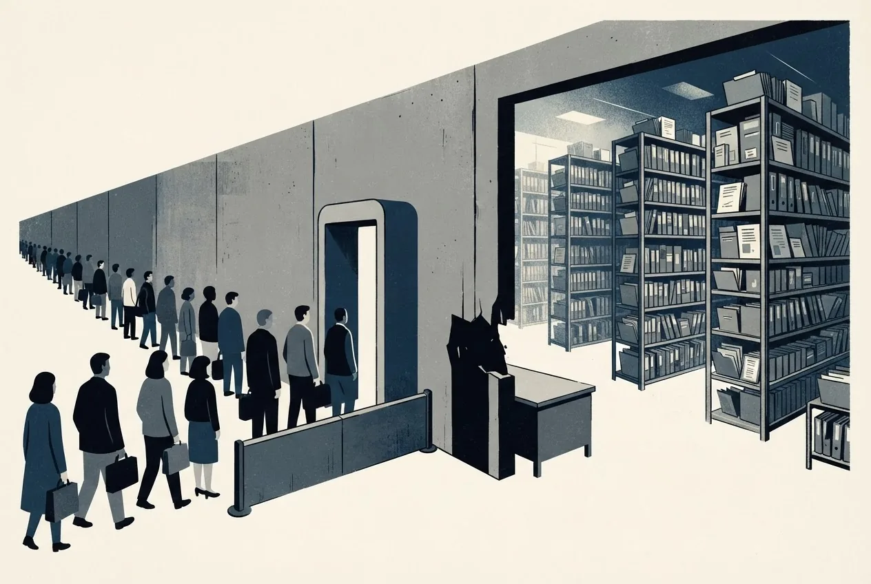 A large stream of anonymous travelers passes a checkpoint beside an unsecured entrance leading into a vast archive of personal travel records, illustrating how a weak access path exposed data belonging to 220 million passengers and crew members.