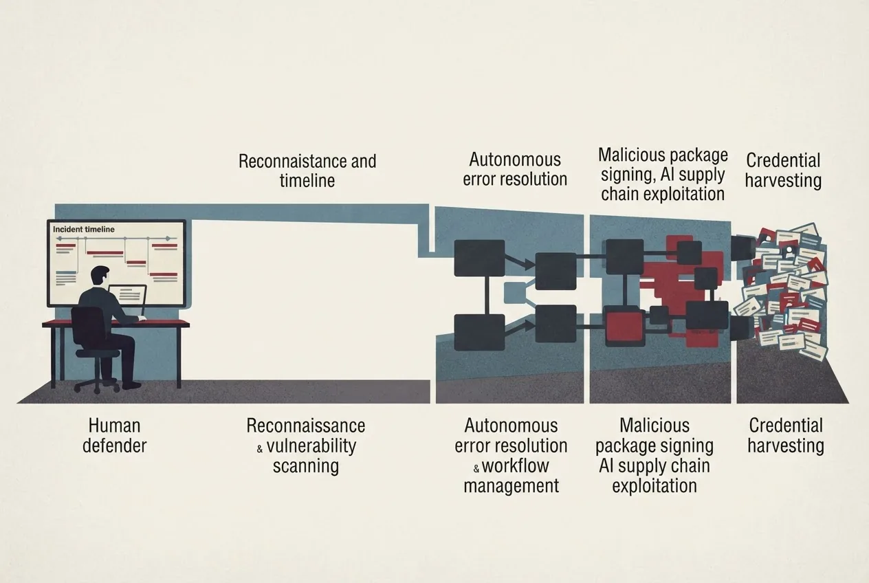 A human defender reviews a security timeline while increasingly autonomous AI-assisted attack stages converge faster than they can be examined.