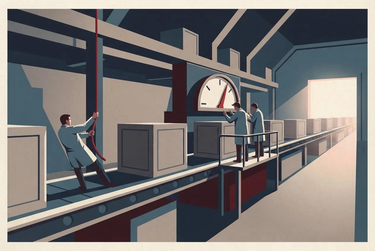 An industrial production line moves sealed stages toward a bright opening while workers inspect warning gauges and pull emergency stop cords, symbolizing the AI industry's struggle to balance rapid development with unresolved loss-of-control risks.