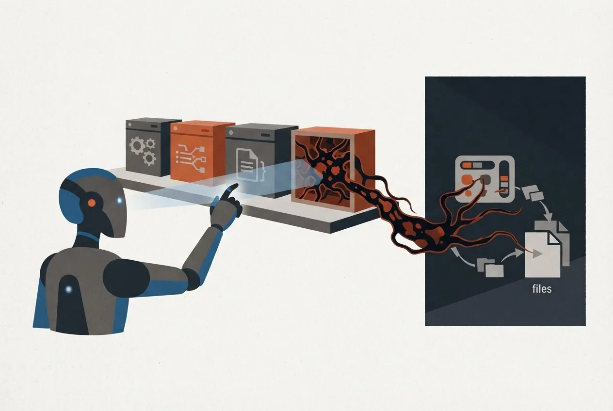 An AI agent selects one of several software tools while a counterfeit plugin covertly opens access to files and system controls.