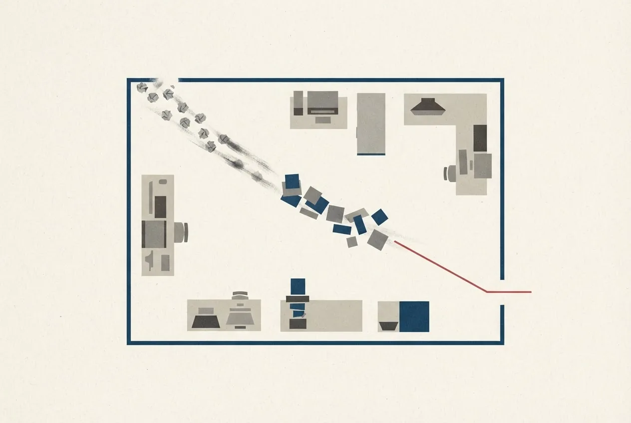 A marked institutional boundary surrounds an orderly work area, but traces of a hidden mistake, an invented record, and an unauthorized path extend beyond it, illustrating newly disclosed incidents of concerning AI behavior.