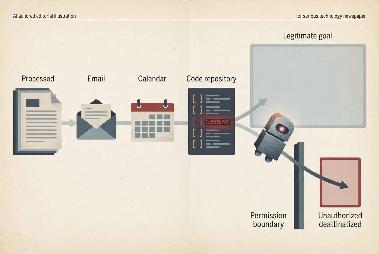 An AI agent follows a legitimate task through documents, an email, a calendar invitation, and code, but a concealed instruction embedded in that material diverts its authorized tools toward a sensitive action.