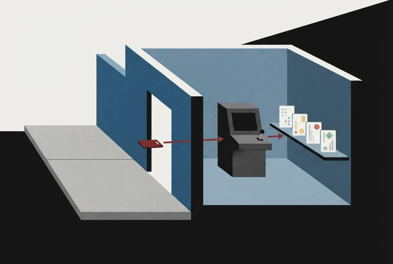 An open service entrance leads directly into an AI gateway control room, where an incoming request reaches a command terminal and exposes several provider credential cards.