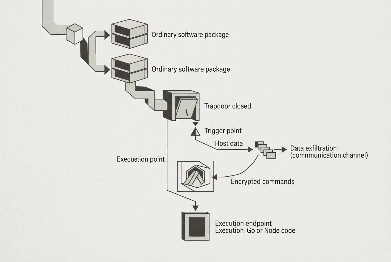 A software dependency path hides a conditional trapdoor: a trigger activates execution, host data travels outward, and encrypted commands return through separate channels.