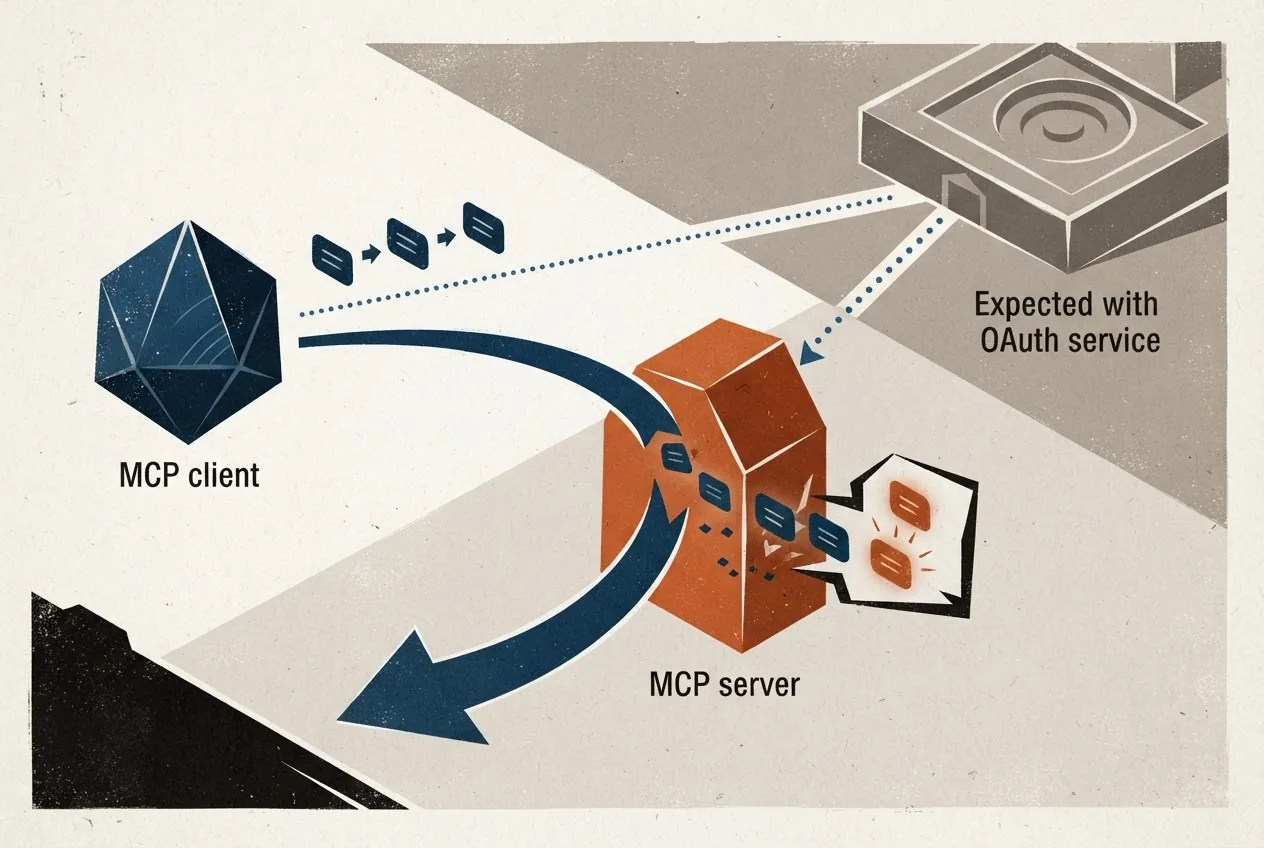 An MCP client attempts to authenticate with its expected login service, but a malicious server redirects the OAuth exchange and captures the credentials and authorization proofs.