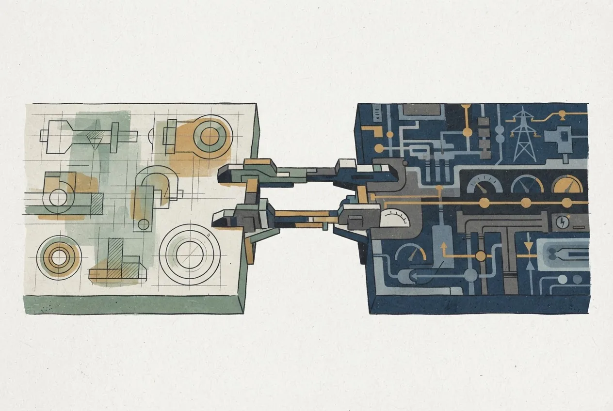 A conceptual industrial scene connects product-design drawings and energy-operation patterns across a newly joined structural span, representing Schneider Electric's proposed acquisition of PTC and the combination of their data systems.