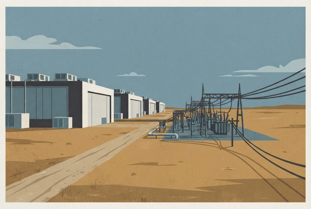 Proposed data centers approach constrained electrical and water infrastructure, illustrating the tension between AI-driven demand and local grid capacity.