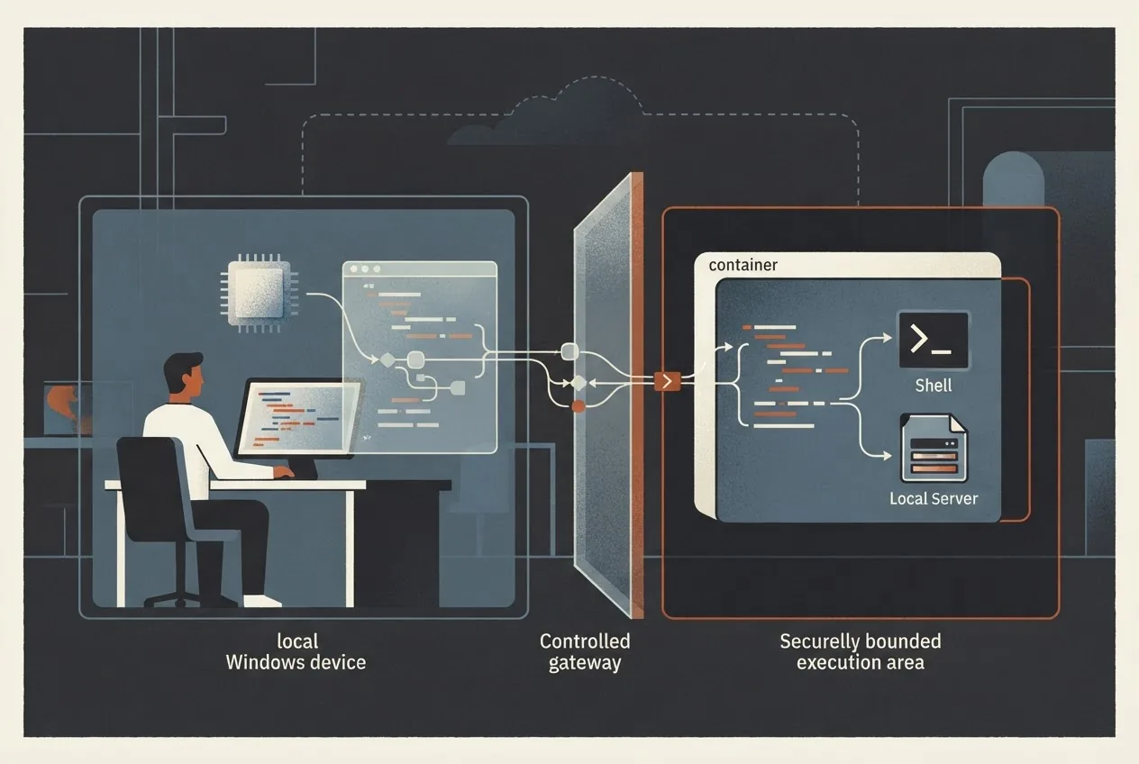 A developer supervises a coding workflow that combines local model inference with cloud coordination while tool execution remains inside a bounded workspace.