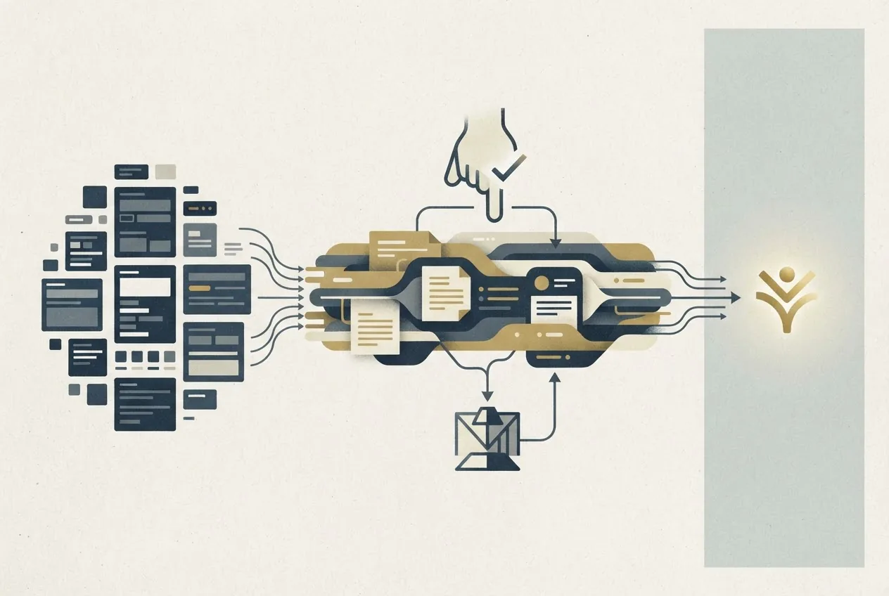 A visual metaphor for LinkedIn's data context layer: raw data records pass through a reviewed layer of definitions, filters, joins, and notes before an analytics agent produces a clearer answer.