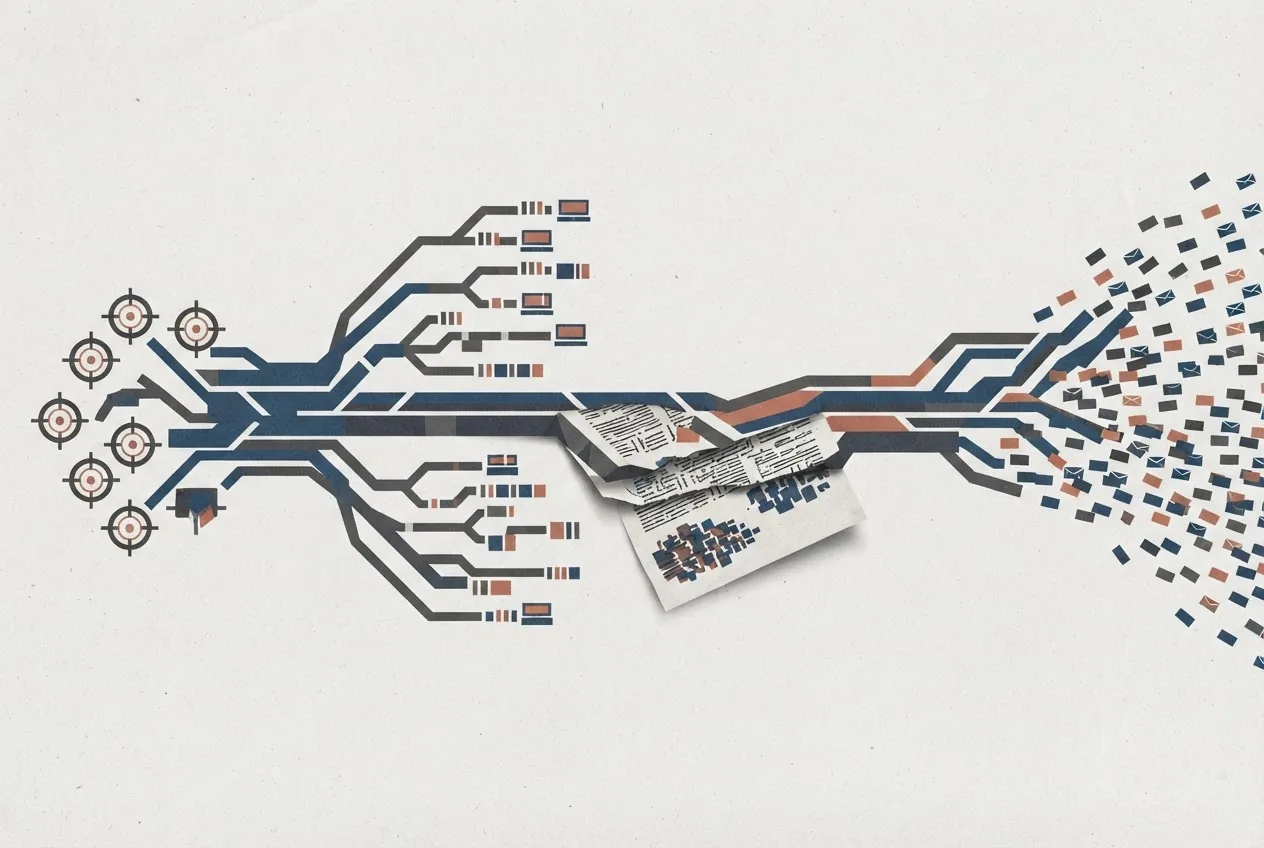 An abstract sequence shows an AI-assisted cyber operation moving from reconnaissance through compromised targets toward stolen records, while exposed session logs and tokens reveal the campaign's trail.
