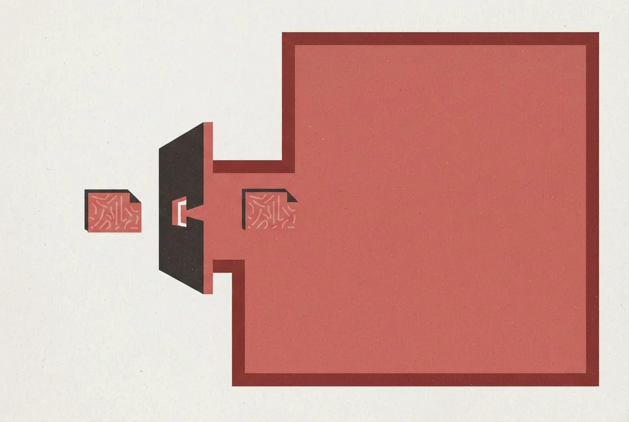A configuration document passes an unchecked validation checkpoint and opens a path from a public entrance into a server control room.