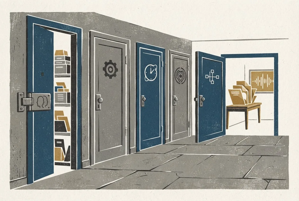 A sequence of connected doors represents five PostgreSQL features chained from an administrative role to database access, scheduled-job control, internal-function access, exposed credentials, and operating-system execution.