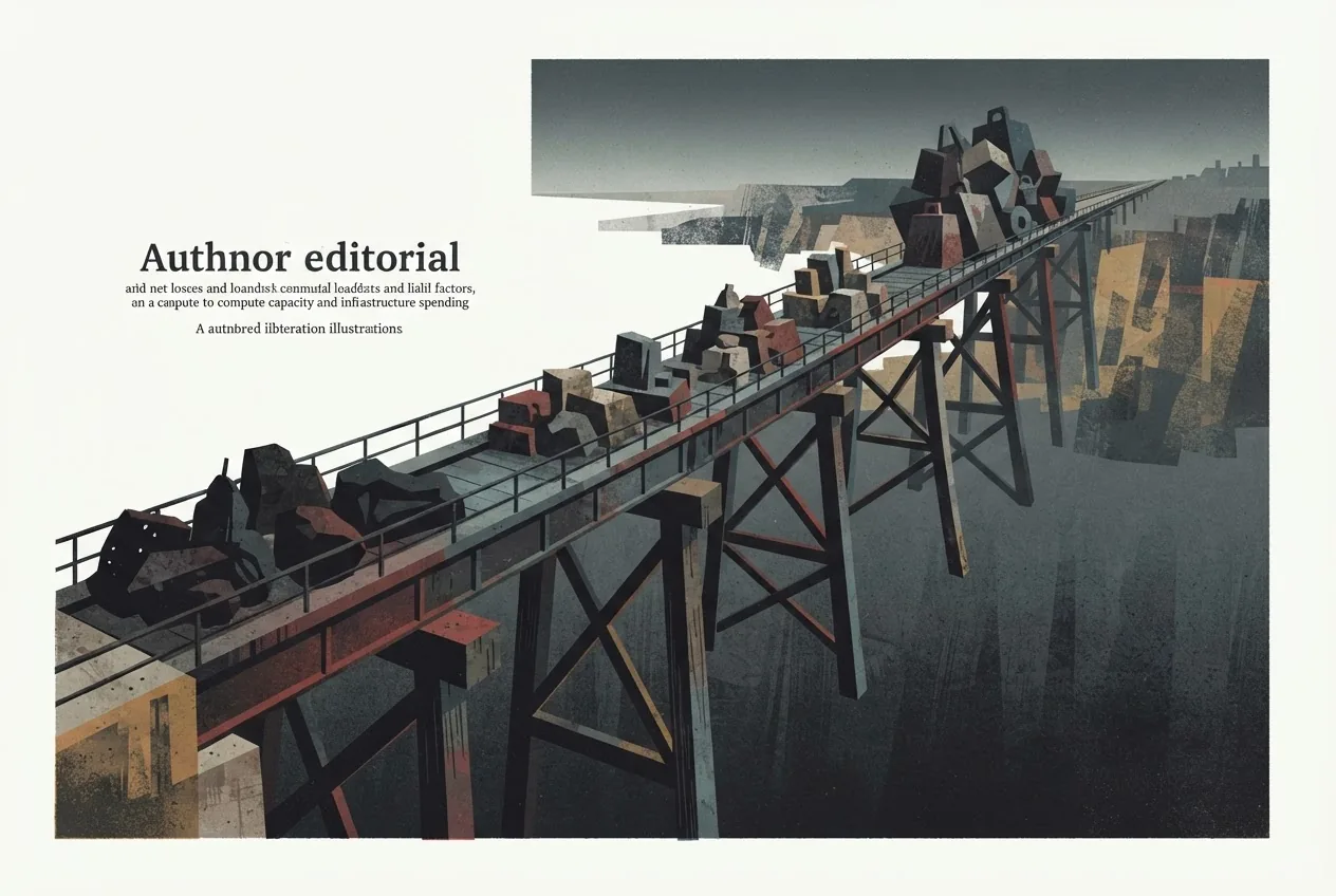 An industrial bridge stretches toward a distant horizon while uneven heavy loads strain its structure, representing Anthropic's rapid growth against massive losses, risk, and future compute costs.