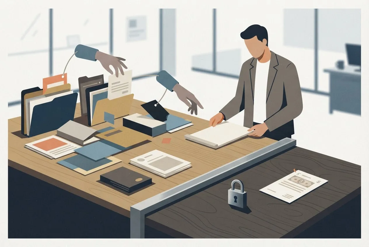 A person reviews tasks prepared by an assistant across several work areas, with a clear boundary showing that restricted actions still require the person's control.
