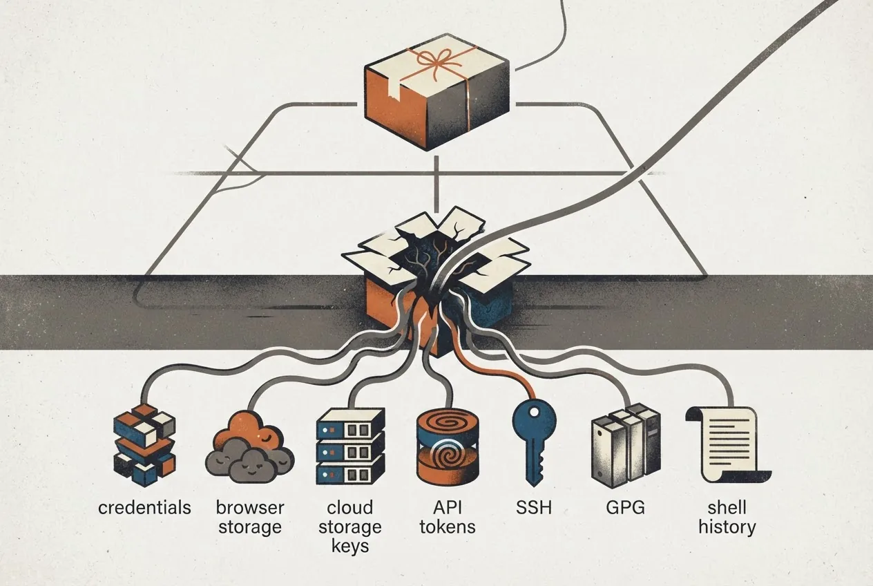 A software package moves from a trusted release path into an execution boundary, where its opened interior exposes pathways to browser, cloud, API, SSH, GPG, and shell-history secrets and sends them outward.