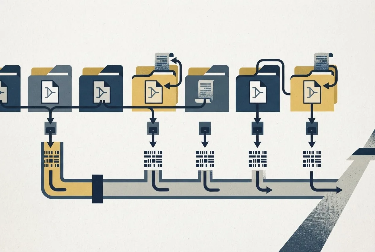 A visual metaphor for malicious GitHub workflows planted across repositories: routine automation conceals encoded secrets moving from repository logs toward an external archive.