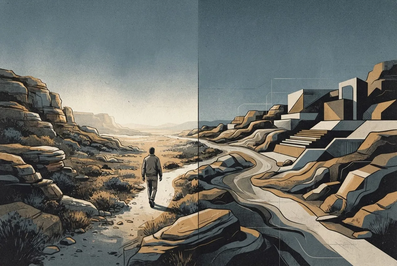 A photorealistic landscape remains continuous as one section transforms into a newly generated environment, illustrating an interactive world model that responds to edits while preserving consistent physics and atmosphere.